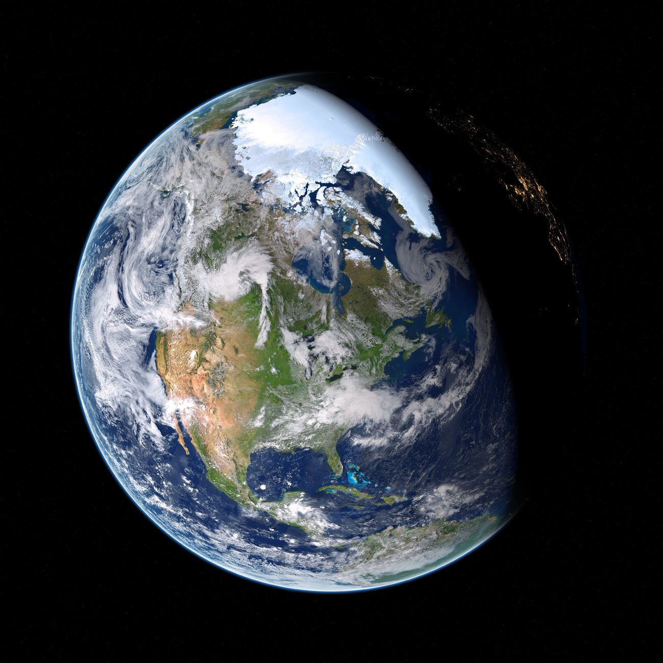 A futuristic orbital solar power satellite with beams of energy descending towards Earth.