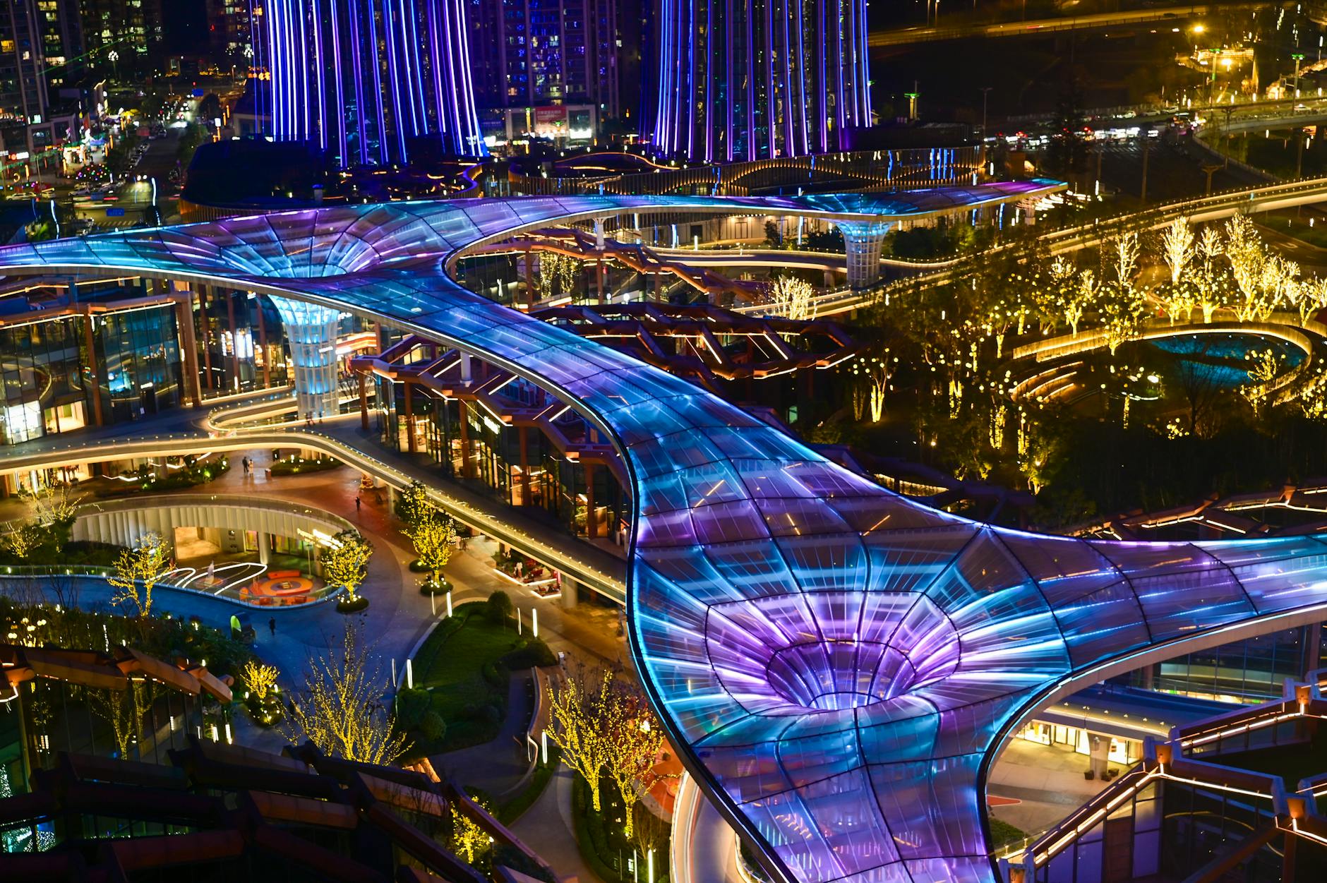 A serene, futuristic cityscape integrated with organic, natural elements, symbolizing a harmonious future of technology and human well-being.