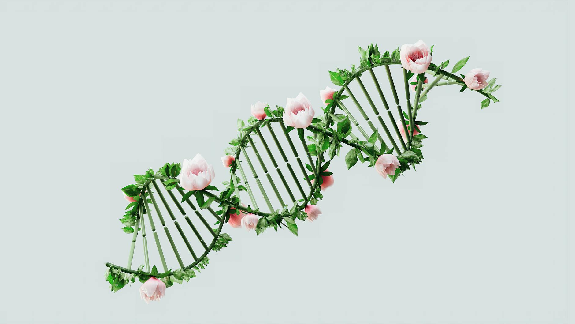 DNA, 마이크로바이옴, AI 알고리즘을 나타내는 상호 연결된 데이터 스트림의 미래적이고 추상적인 시각화. 정교하고 영묘한 빛을 발하고 있다.